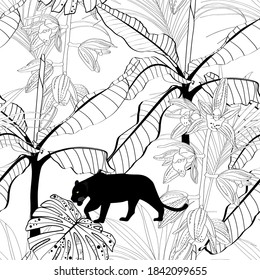 Palm bananas, orchid flower and pantera animal illustration. Black white line seamless pattern.	