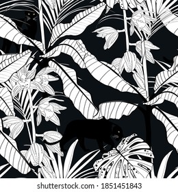 Palm bananas, orchid flower and pantera animal illustration. Black white line seamless pattern.	