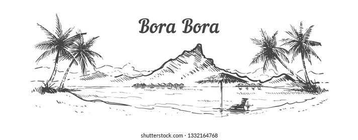 Palm Beach Bora Bora Island Hand Drawn, Sketch Vector Illustration Isolated On White Background.