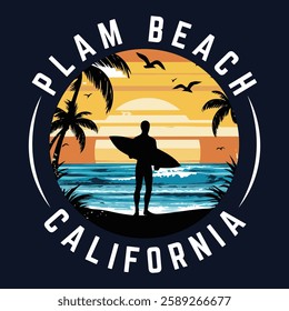 palm beach california. california surf typography, t-shirt graphics , vectors.palm tree silhouette, surf graphic. T-shirt Printing. Summer vibes tropical graphic print design for t shirt, poster