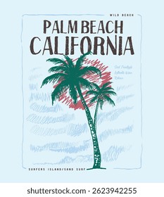palm beach in California. Palm tree summer beach t shirt print design, Vintage Retro sunset or sunrise. surfing with big wave print for palm beach.