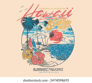 El Palm Beach Club. Diseño de estampado hawaiano. Club de surf. Diseño gráfico de Vector de verano para prendas de vestir, pegatinas, carteles, fondo y otros.