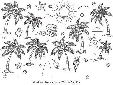 Palm Beach doodle vector 2. line art isolated on white background available for edited. use for background or others.