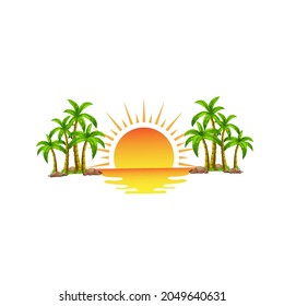 palm beach, elegant hipster gold sun sunset sunrise with beach ocean sea water logo icon vector in trendy line linear, outline logo vector for hotel.