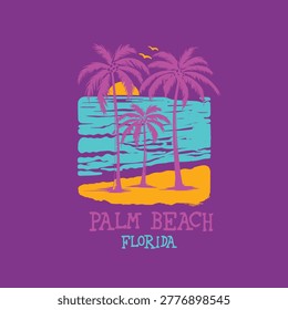 Palm Beach florida Summer sunset seashore colorful vector illustration