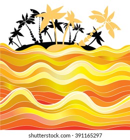 Palm beach in golden waves  vector illustration. Palm trees island silhouette. Artistic hand drawn exotic paradise landscape. Summer dream vacation, travel, adventures concept. Vector illustration.