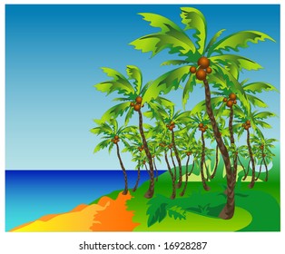 Palm beach - highly detailed cartoon background, tropical vacation, vector illustration