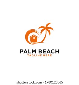 Palm and beach with home creative landscape view logo template