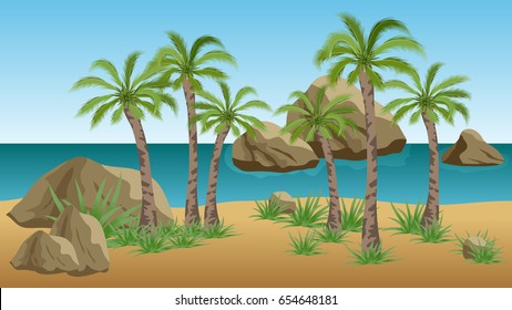 Palm beach landscape for scene background with tropical palms, bushes, rocks and sea. Vector illustration.