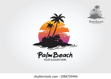 Palm Beach Logo Illustration. Water ocean waves with sun, palm tree and beach, for restaurant and hotel. 