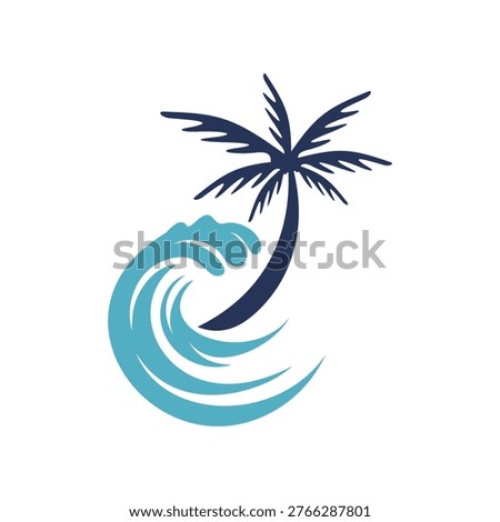  palm beach logo , ocean waves, and a silhouette palm tree in a circular design