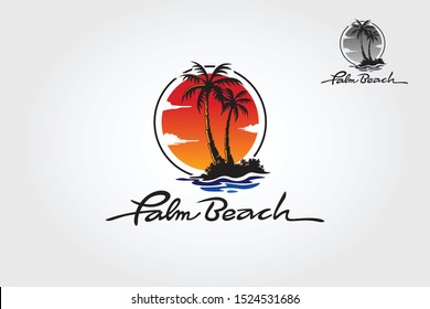 Palm Beach Logo Template. Water ocean waves with sun, palm tree and beach, for restaurant and hoteling. 