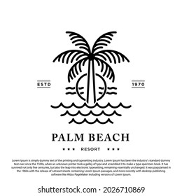 Palm beach logo. Palm tree with sunset or sunrise minimalist outline vector illustration
