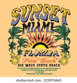 Palm Beach Miami Florida, sunset. surf and beach. vintage beach print. tee graphic design