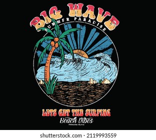 Palm beach with ocean wave graphic print design for t shirt, poster, sticker and others. Surfing vector artwork design.