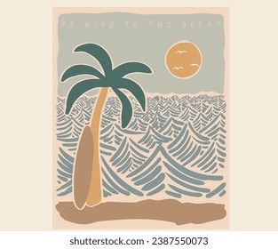 playa de palmeras. Arte abstracto de la línea de olas oceánicas. Paraíso de playa Imprimir diseño gráfico de camisetas, eslogan tipográfico sobre el fondo de las palmeras. Los albornoces de verano en la playa. Ola oceánica. Diseño de arte moderno. Tabla de surf.