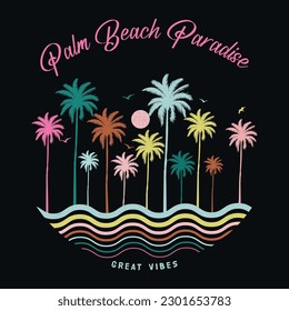 Palm Beach Paradise text with a waves illustration, for t-shirt prints, posters. Summer Beach Vector illustration. summer vibes hand draw, summer beach slogan with beach illustration, Hawaii