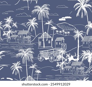 Palm beach pattern. Seamless pattern with seaside, palms and boat in graphic style. Vector. Tropical Island in Phuket Thailand seamless pattern vector Illustration ,Design for fashion, fabric, textile