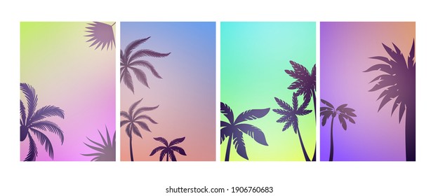 Palm beach posters. Summer background, colorful tree vintage banners. Seasonal party empty flyers vector template