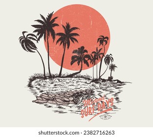 Palm beach print design artwork. Beach Paradise Print t shirt graphics design, typography slogan on palm trees background. Summer beach vibes. Beach rock.