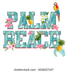 Palm beach slogan print with parrot and flowers