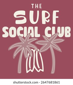 palm beach. Social club  abstract art .Beach Paradise Print t shirt graphics design, typography slogan on palm trees with surf board, background. Summer beach vibes.