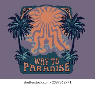 palm beach summer vector artwork, retro vintage summer graphic print design, sunny summer design coconut tree frame vector, sun and beach wave design for t shirt, sticker, poster