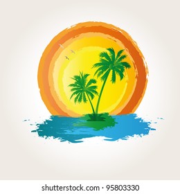 Palm, beach and sun on exotic background