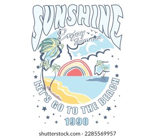 Palm Beach, Sonnenschein. Surfen und Strand. Retro Stranddruck. T-Shirt Grafikdesign, Lass uns an den Strand gehen.