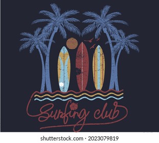 Palm beach with surf board vector print design. Surfing club vintage artwork for apparel and other uses. 