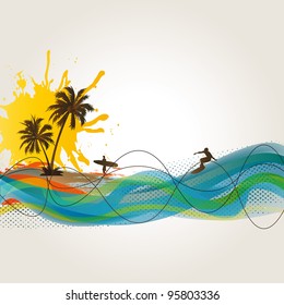 Palm, beach and surfer on exotic background