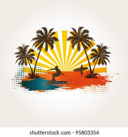 Palm, beach and surfer on exotic background