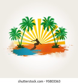 Palm, beach and surfer on exotic background