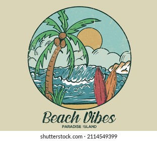 Palm beach with surfing board vintage graphic print design for apparel and others. Ocean wave vector artwork design. 