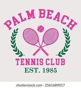 palm beach tennis club t shirt design, Hamptons tennis social club vector artwork, tennis racket with typography design, palm beach tennis club graphic print.  palm beach Country club summer SS24 