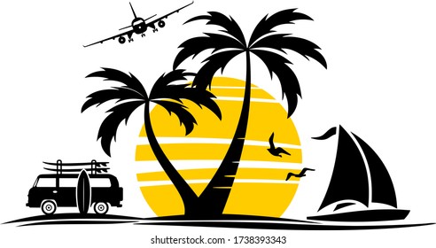 Palm Beach Van Surf Silhouette Vector