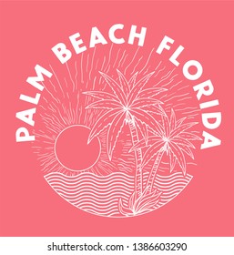 Palm beach. Vector hand drawn background for tropical design. Sketch illustration with trees on sunset