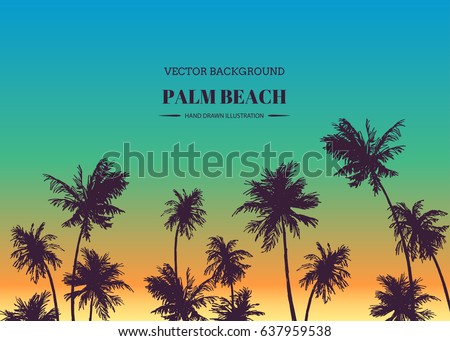 Palm beach. Vector hand drawn background for tropical design. Sketch illustration with trees on sunset