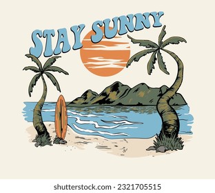 palm beach vector illustration, surfing beach retro vintage design, summer beach graphic print design, stay sunny typography, hawaii beach artwork for t shirt, sticker, poster