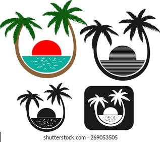Palm beach vector set. Seashore with palm trees. Relaxation. Relax. Vacation. 