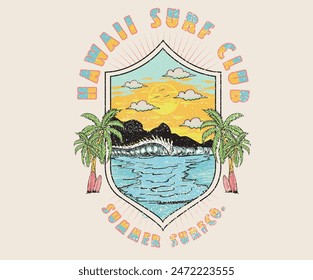 Palm Beach vibes ilustraciones para el estampado de la camiseta, póster, etiqueta engomada, fondo, hombres, mujeres y otros. Club de cultura del surf. Diseño de impresión de vibraciones de verano. Sunshine tropical beach artwork.