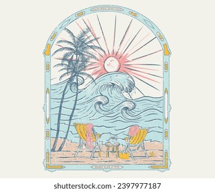 Palm beach wave club. Summer good vibes retro slogan with waves, sun vector artwork. Beach wave t-shirt prints and other uses. Ocean wave vintage graphic print design. Relax chair with coconut.