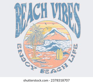 Palm beach. Beach wave graphic print design for t shirt print, poster, sticker, background and other uses. Summer good vibes retro artwork. Miami beach. Surfing time.