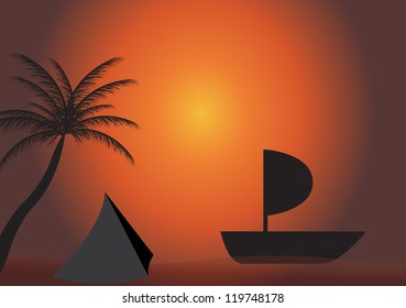 Palm, boat in the sunset. Vector illustration. EPS 10.