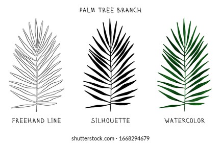 Palm branch to create design layouts. Set of freehand line, silhouette and watercolor drawing.