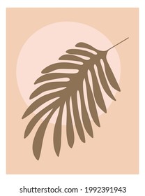 Palm branch and sun background. Trending minimal boho wall art cover wallpaper. Hand drawn botanical tropical plant abstract print. Natural color poster interior decoration. Stock vector illustration.