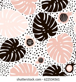 Rama de palmera a la moda sin fisuras con elementos dibujados a mano. Fondo de hoja de monstera. Excelente para tela, vectores textiles Ilustración