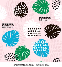 Palm branch trendy seamless pattern with hand drawn elements. Monstera leaf background. Great for fabric, textile Vector Illustration