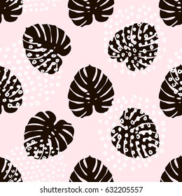 Palm branch trendy seamless pattern with hand drawn elements. Monstera leaf pink background. Great for fabric, textile Vector Illustration