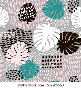 Palm branch trendy seamless pattern with hand drawn elements. Monstera leaf background. Great for fabric, textile Vector Illustration